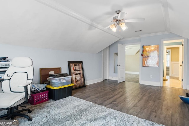 office space with dark hardwood / wood-style floors, vaulted ceiling, ceiling fan, and crown molding