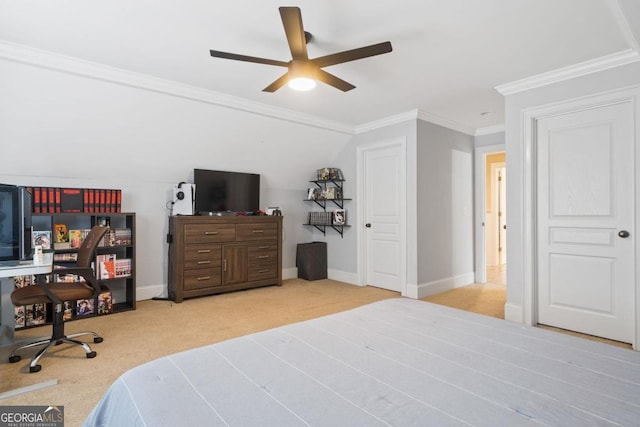 bedroom featuring ceiling fan, light colored carpet, lofted ceiling, and ornamental molding