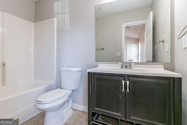 full bathroom with vanity,  shower combination, lofted ceiling, tile patterned flooring, and toilet