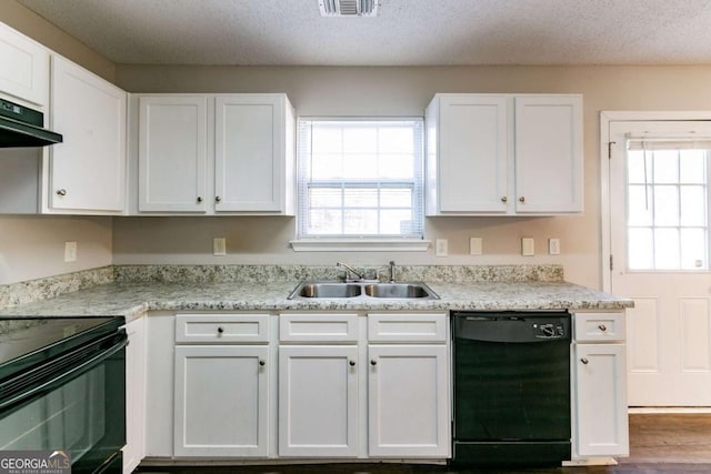 kitchen with white cabinets, sink, plenty of natural light, and black appliances