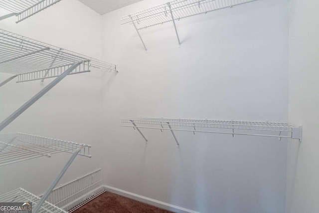 spacious closet featuring dark carpet