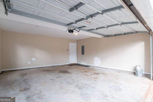 garage with electric panel and a garage door opener