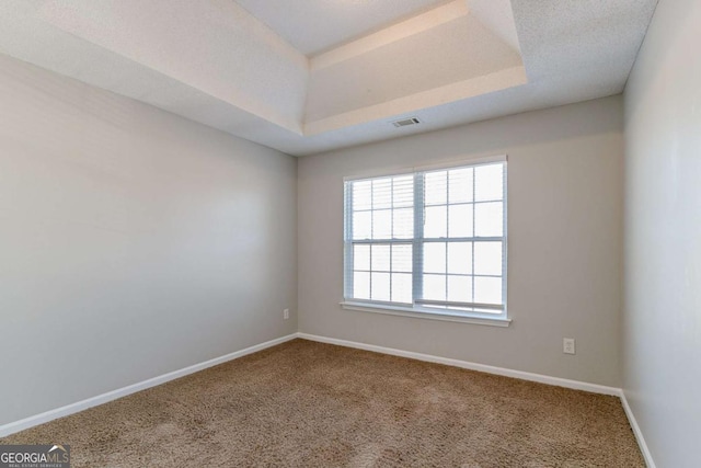 carpeted empty room featuring a textured ceiling and a tray ceiling