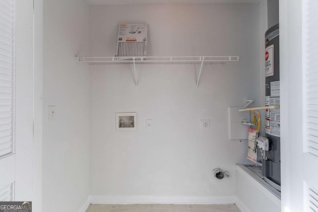 clothes washing area featuring light tile patterned floors, washer hookup, gas water heater, and hookup for an electric dryer