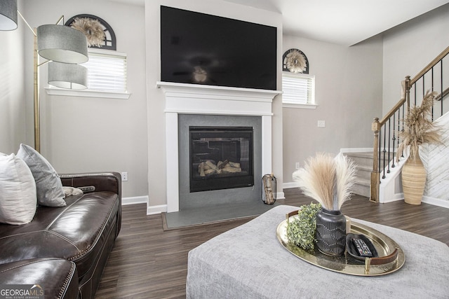 living room with dark wood-type flooring