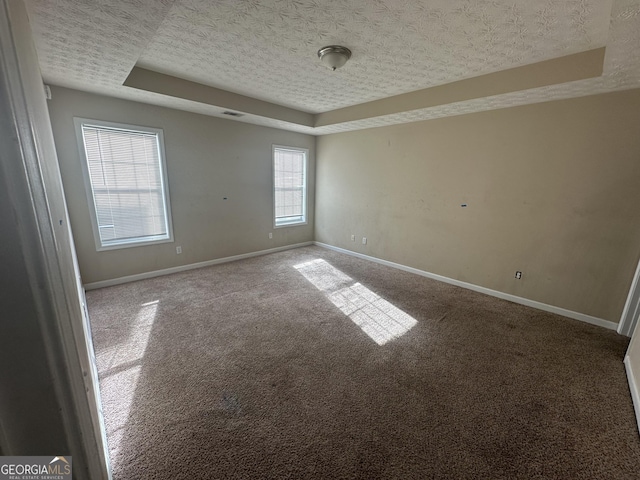 spare room featuring carpet, a raised ceiling, and a textured ceiling