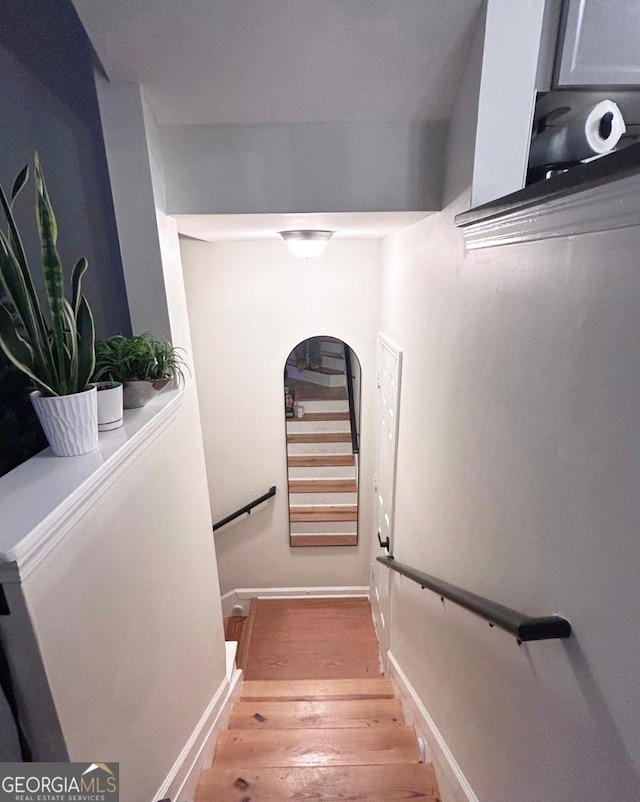 staircase with hardwood / wood-style flooring