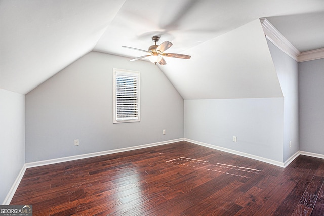 bonus room featuring ceiling fan, dark hardwood / wood-style flooring, and vaulted ceiling