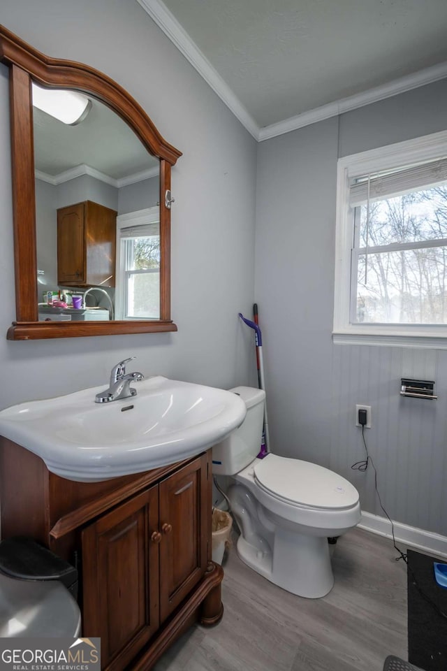 bathroom with hardwood / wood-style floors, vanity, ornamental molding, and toilet