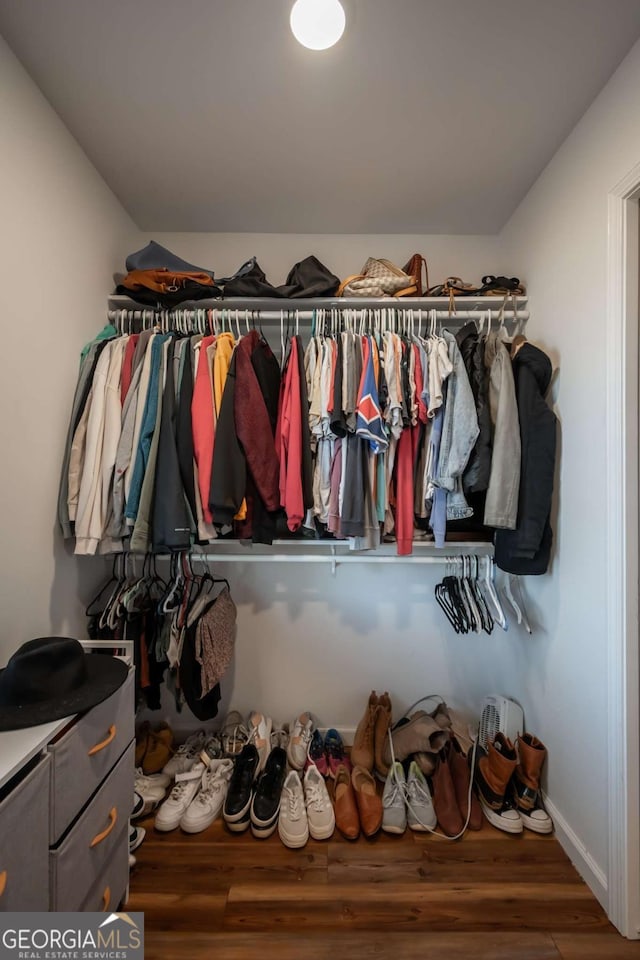 spacious closet featuring dark hardwood / wood-style flooring