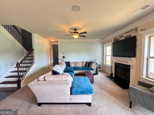 living room with ornamental molding, ceiling fan, and carpet floors