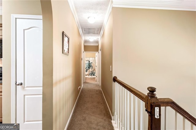 corridor featuring carpet, crown molding, and a textured ceiling