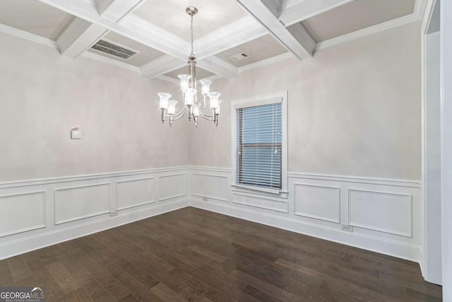 unfurnished dining area featuring beam ceiling and dark hardwood / wood-style floors