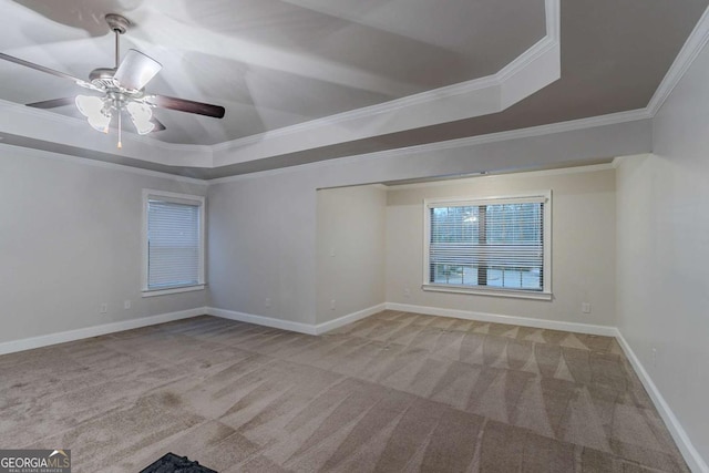 carpeted empty room featuring a tray ceiling, ceiling fan, and ornamental molding