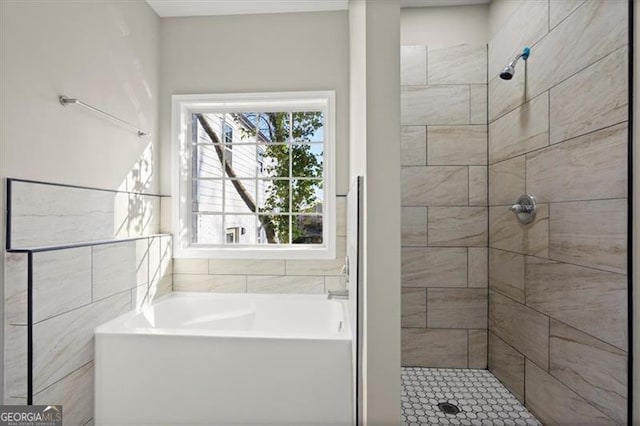 bathroom with shower with separate bathtub