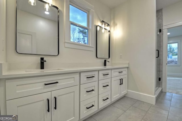 full bathroom featuring double vanity, a healthy amount of sunlight, a stall shower, and a sink