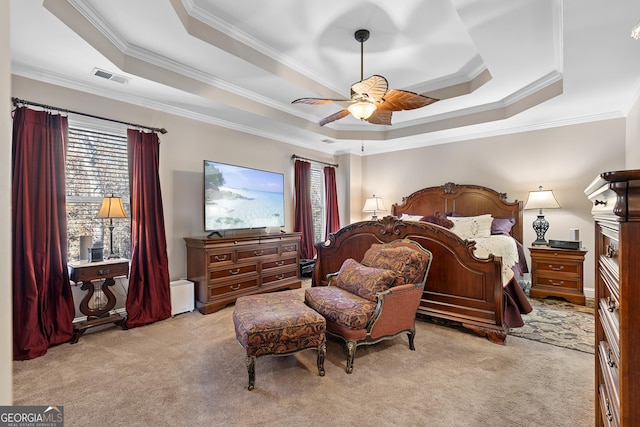 bedroom with a raised ceiling, ceiling fan, and ornamental molding