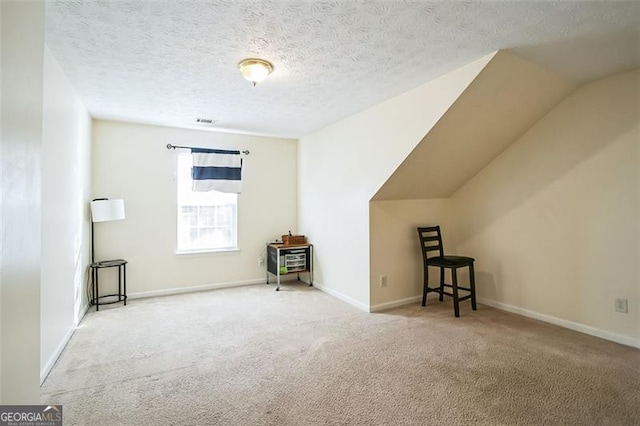 additional living space featuring a textured ceiling, light carpet, and vaulted ceiling