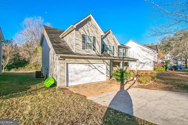 front of property featuring central AC, a front lawn, and a garage