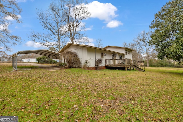 exterior space with a front yard, a deck, and a carport