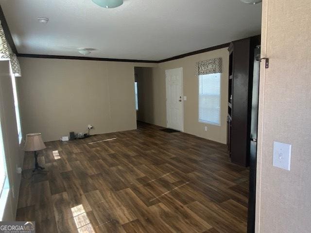 interior space featuring crown molding and dark hardwood / wood-style flooring