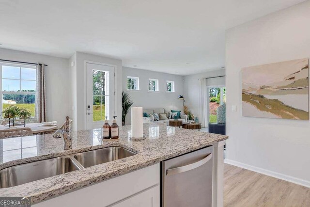 kitchen featuring a healthy amount of sunlight, dishwasher, light hardwood / wood-style floors, and sink