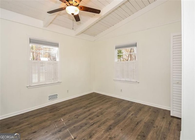 spare room with lofted ceiling with beams, ceiling fan, wood ceiling, and dark hardwood / wood-style floors