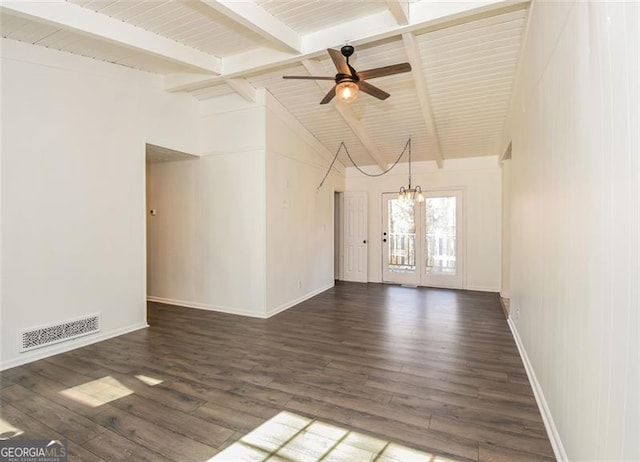 unfurnished living room with vaulted ceiling with beams, ceiling fan with notable chandelier, dark hardwood / wood-style floors, and wooden ceiling