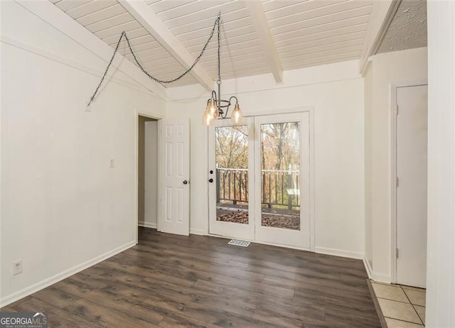 unfurnished dining area with vaulted ceiling with beams, wooden ceiling, a chandelier, and dark hardwood / wood-style floors