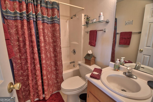 full bathroom featuring shower / tub combo with curtain, vanity, and toilet