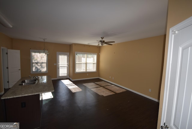 interior space featuring ceiling fan, sink, and dark hardwood / wood-style floors