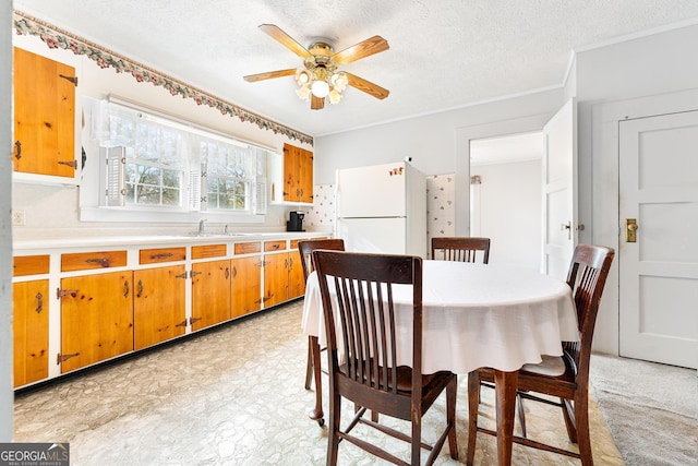 dining room with a textured ceiling, ceiling fan, ornamental molding, and sink