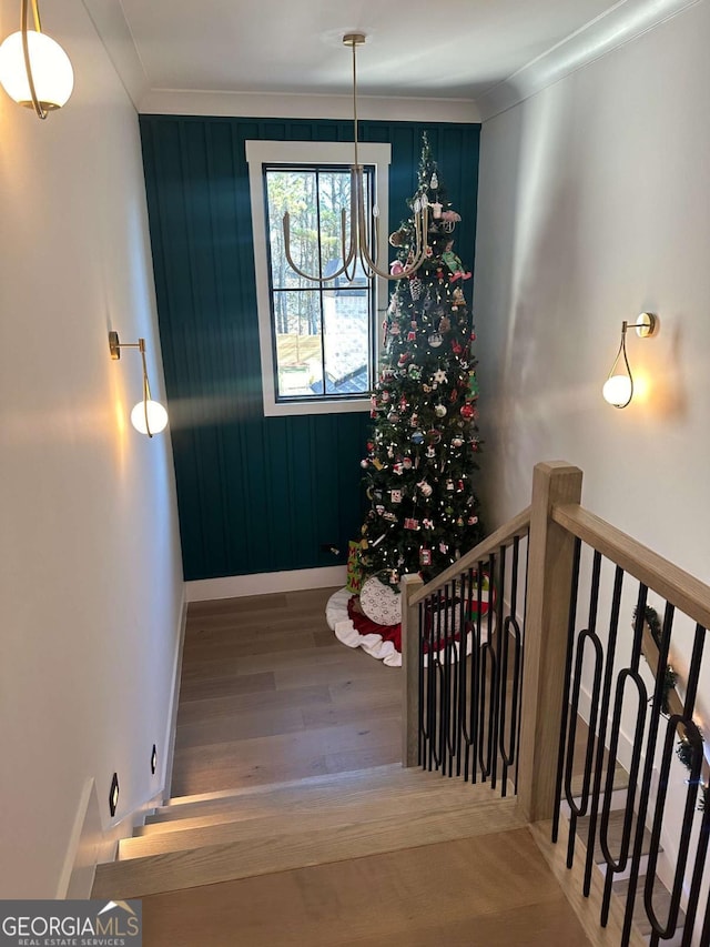 stairs featuring wood-type flooring and crown molding