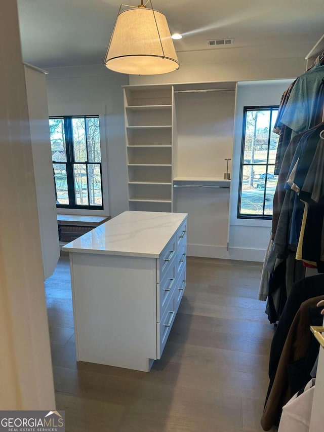 walk in closet featuring visible vents and wood finished floors