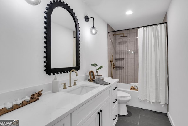 full bathroom featuring toilet, vanity, tile patterned flooring, and shower / tub combo with curtain