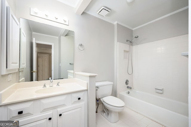 full bathroom featuring bathing tub / shower combination, tile patterned floors, crown molding, toilet, and vanity