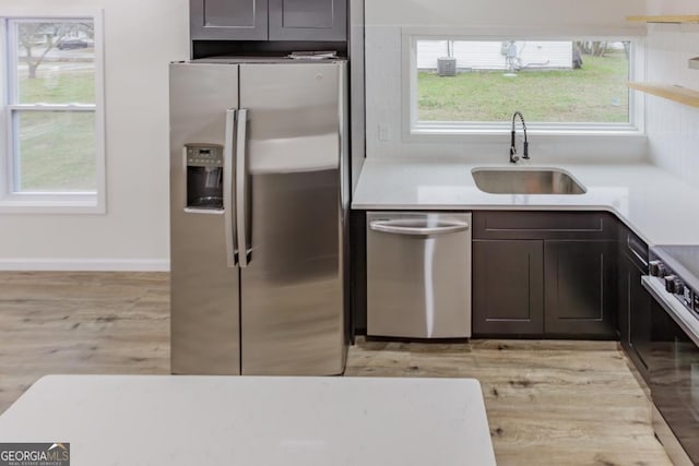 kitchen with dark brown cabinetry, stainless steel appliances, light hardwood / wood-style floors, and sink