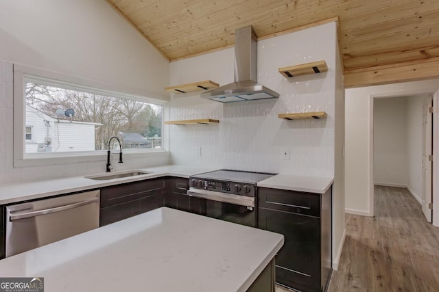 kitchen featuring appliances with stainless steel finishes, wall chimney exhaust hood, sink, light hardwood / wood-style floors, and lofted ceiling