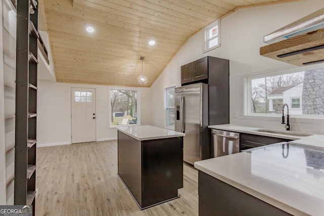 kitchen with wooden ceiling, sink, hanging light fixtures, a kitchen island, and stainless steel appliances