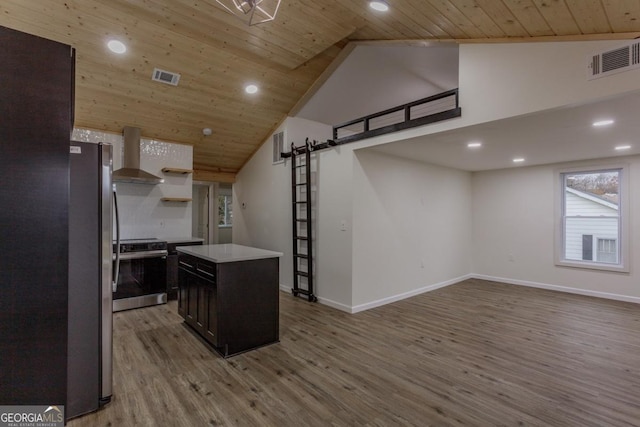 kitchen featuring appliances with stainless steel finishes, wood ceiling, wall chimney range hood, light hardwood / wood-style flooring, and a center island