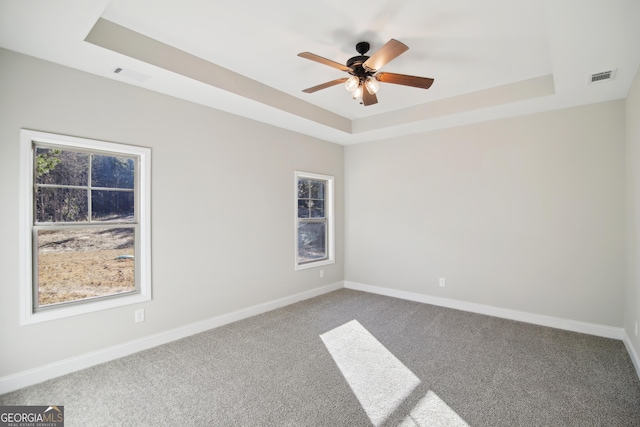 carpeted empty room featuring a tray ceiling, ceiling fan, and a healthy amount of sunlight