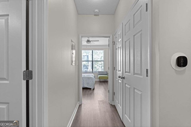 hallway featuring dark hardwood / wood-style flooring and a textured ceiling