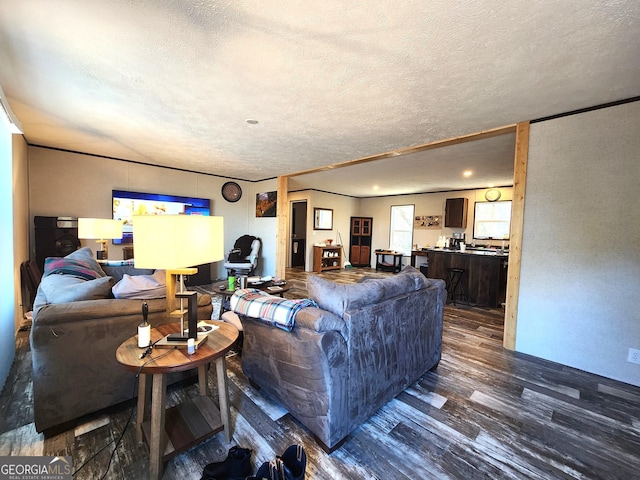 living room featuring dark hardwood / wood-style floors and a textured ceiling