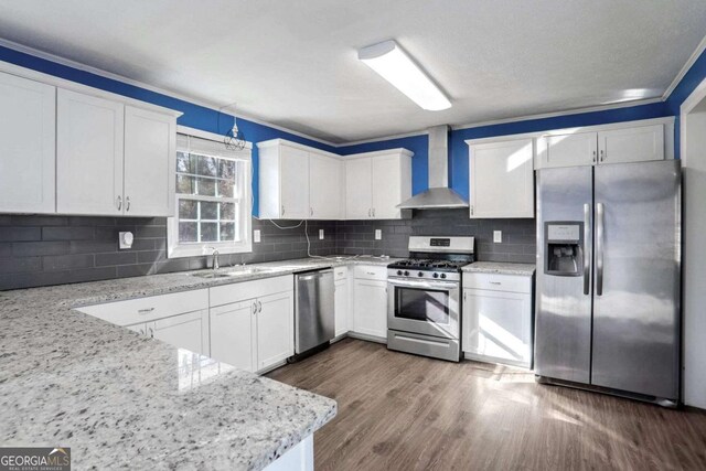 kitchen with wall chimney range hood, sink, decorative backsplash, appliances with stainless steel finishes, and white cabinetry