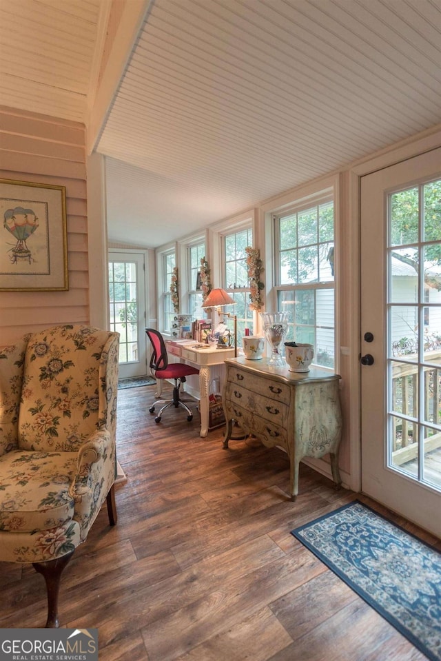 610 W Liberty, Claxton, GA 30417 - office area with dark hardwood / wood-style flooring, wooden ceiling, and wooden walls