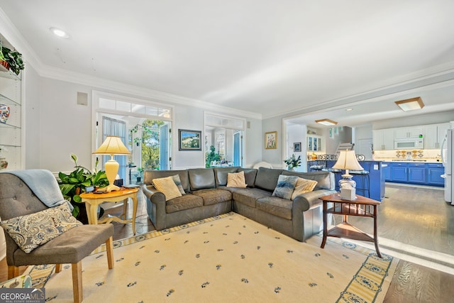 living room featuring ornamental molding and light hardwood / wood-style flooring