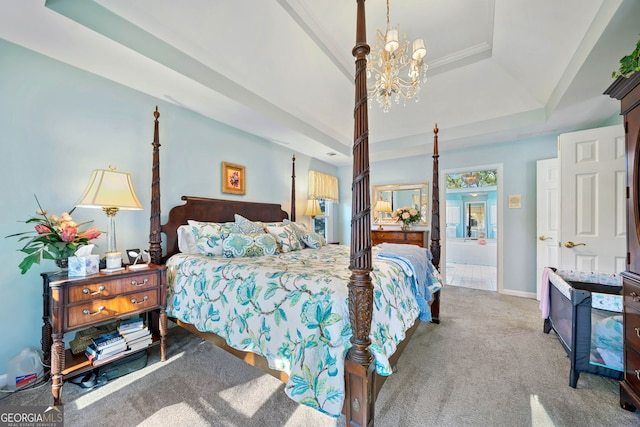 bedroom with a raised ceiling, light colored carpet, and a notable chandelier