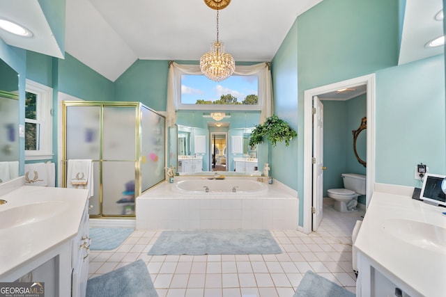 full bathroom featuring a notable chandelier, separate shower and tub, a wealth of natural light, and vaulted ceiling