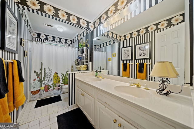 bathroom featuring walk in shower, vanity, crown molding, tile patterned flooring, and toilet