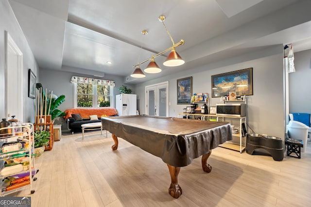 playroom with french doors, billiards, and light hardwood / wood-style flooring